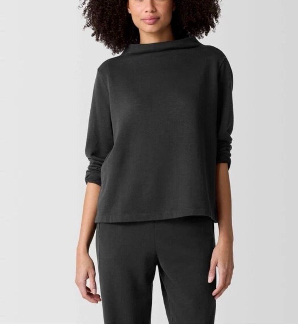 Eileen Fisher $148 Garment Dyed Organic Cotton Terry Funnel Neck Top black XXS N